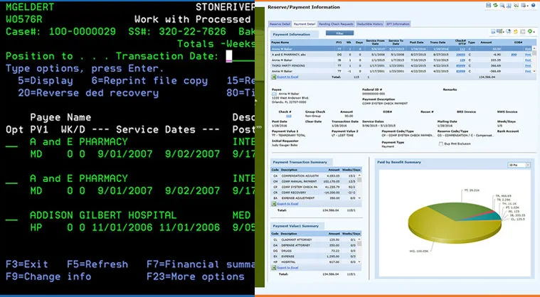 IBM i green-screen interface alongside a graphical web dashboard with forms, a table, and a pie chart.